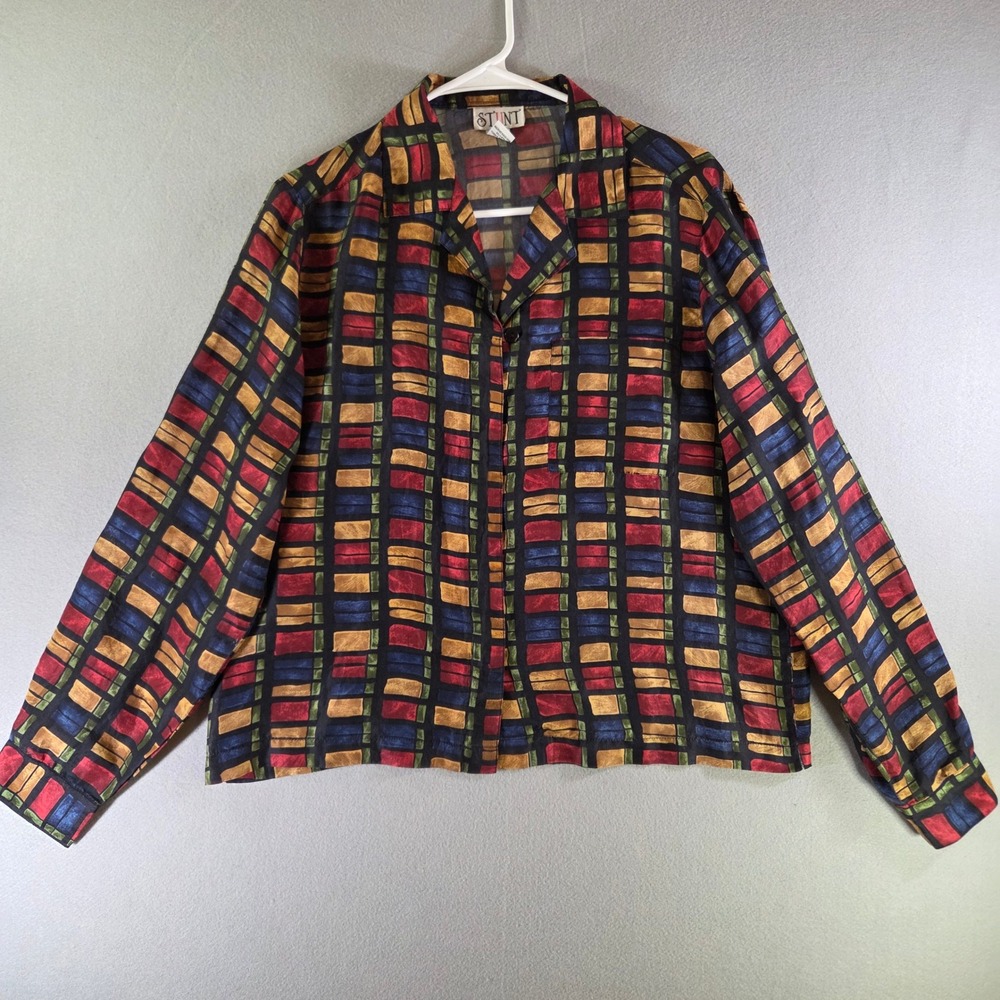 Vintage Stunt 100% Silk Geometric Button Down Shirt Multicolor Maximalist Size M